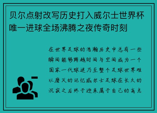 贝尔点射改写历史打入威尔士世界杯唯一进球全场沸腾之夜传奇时刻
